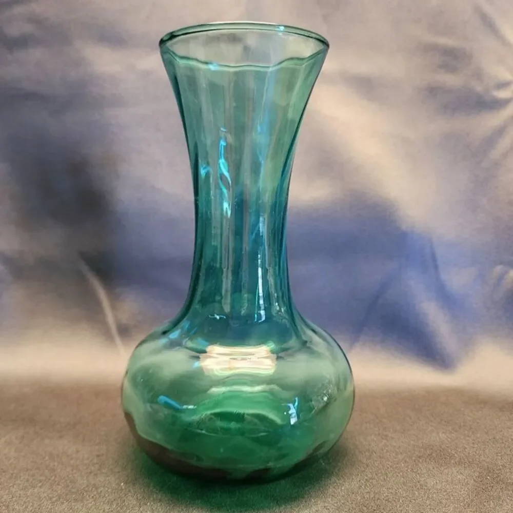Vintage Indiana Glass Teal Green Flared Rim Swirl Bulb Vase 7 7/8
